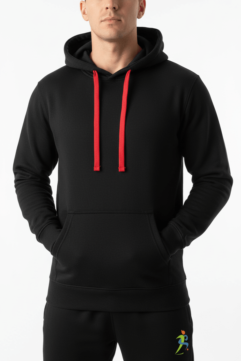Zipzone Minimalist Black Hoodie | Premium Fleece with Red Drawstrings - Zipzone International