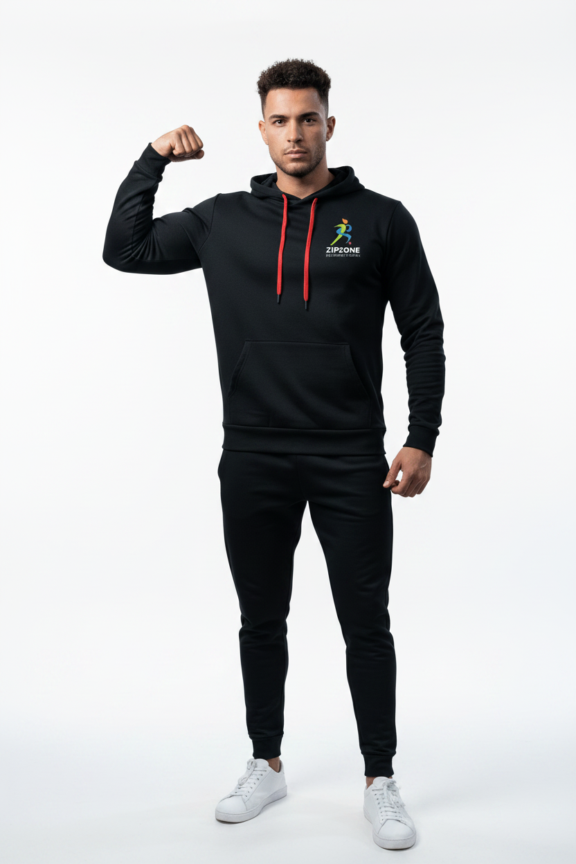 Zipzone Minimalist Black Hoodie | Premium Fleece with Red Drawstrings - Zipzone International
