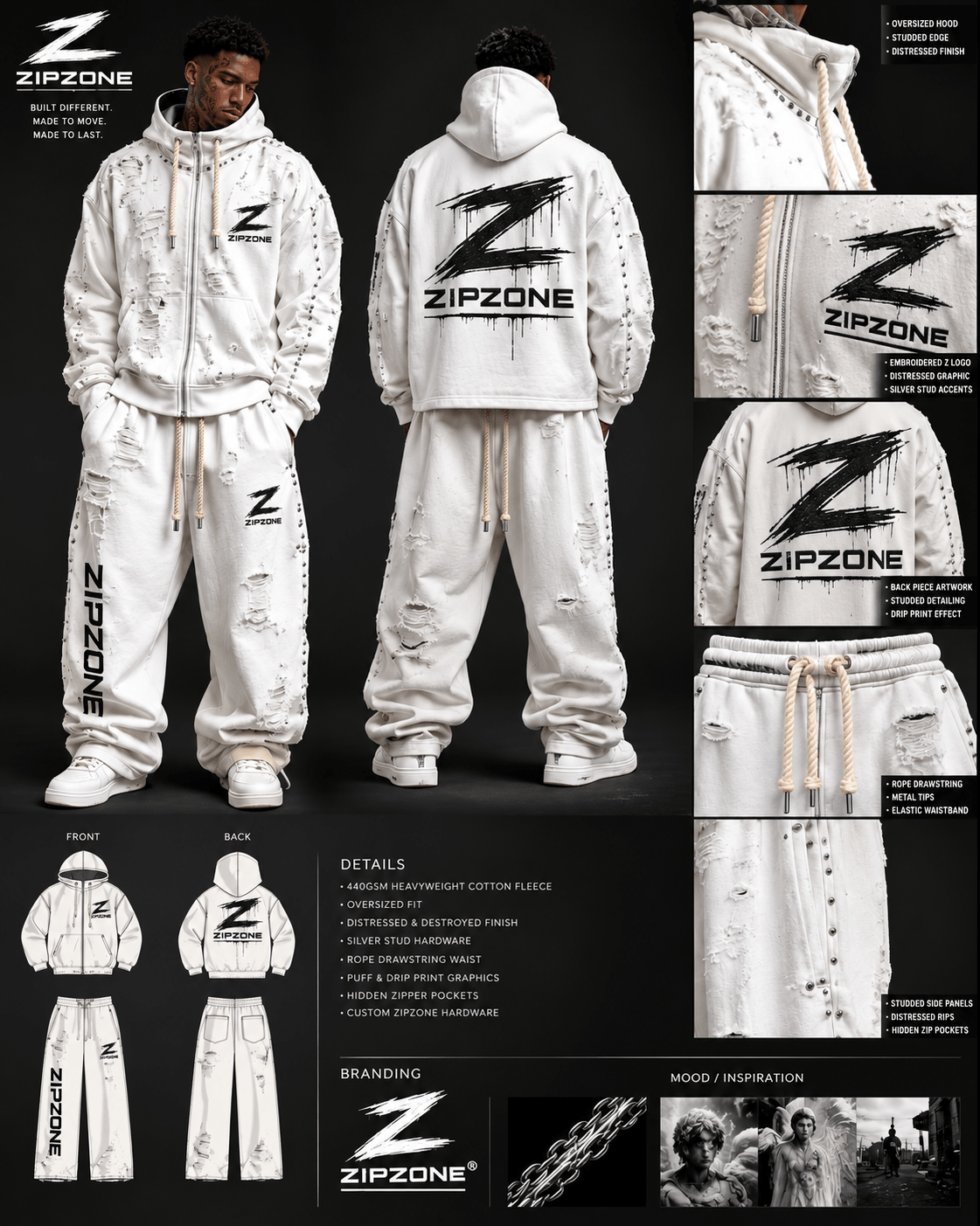 Zipzone White Distressed Oversized Hoodie & Pants Set - Zipzone International